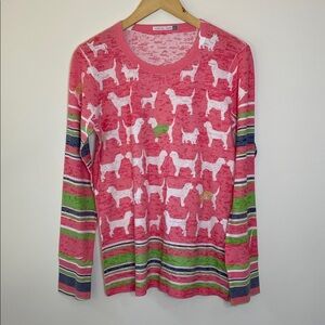 Whimsy Rose Dog Print Thermal Long Sleeve Tee Women’s Large Pink White Lime